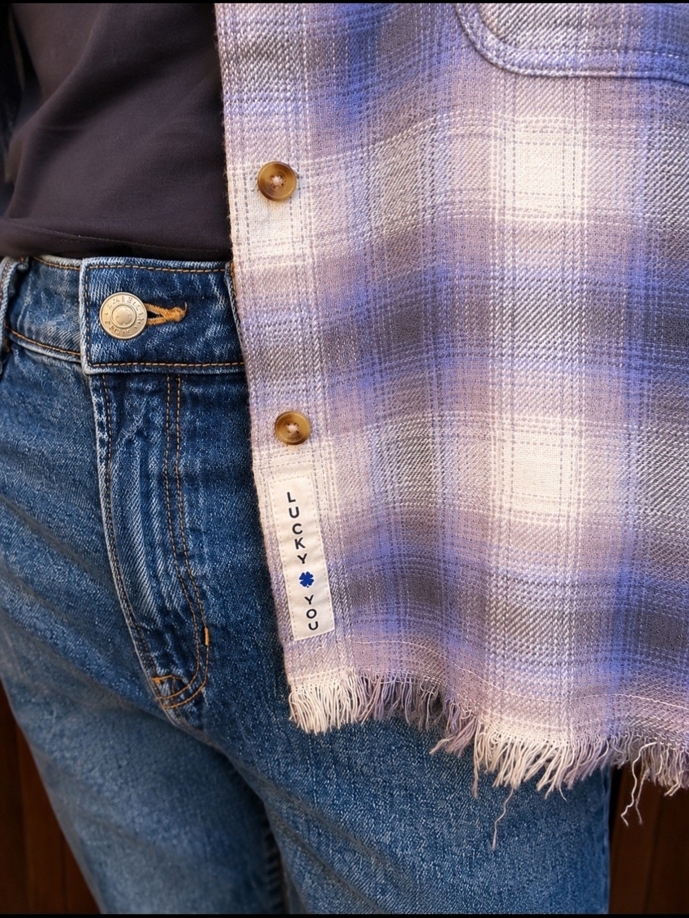 Lucky Brand Blue Plaid Shirt with Medium Wash Relaxed Jeans - Picture 3 of 5